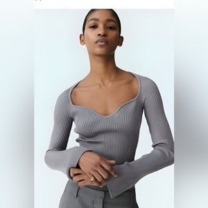 NWT H&M Ltd Ed Shimmer Rib-knit Fitted Sweater Top Gray | Size XS